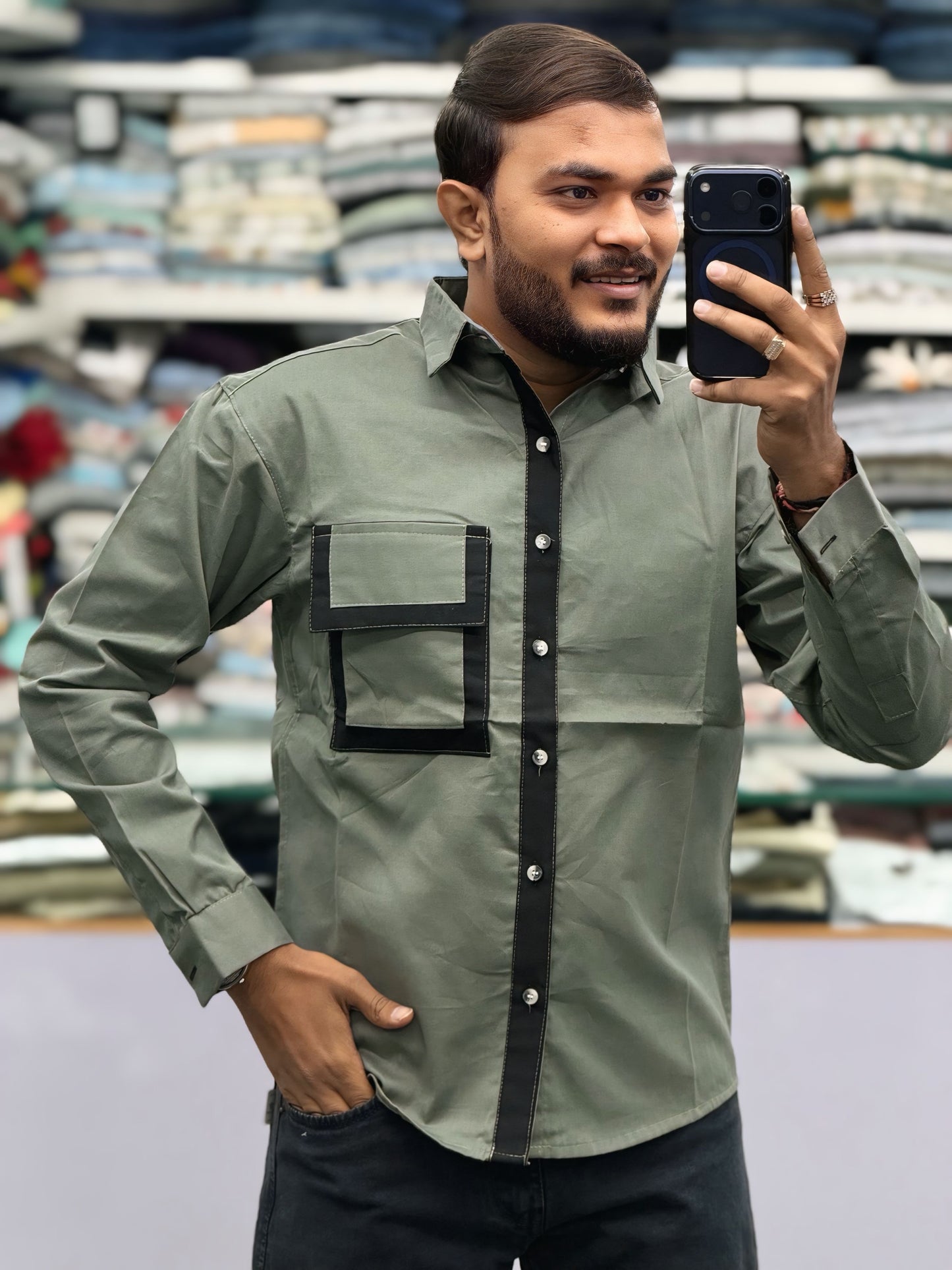 Men’s Olive Green Casual Cotton Shirt with Contrast Black Placket & Designer Pocket Panel