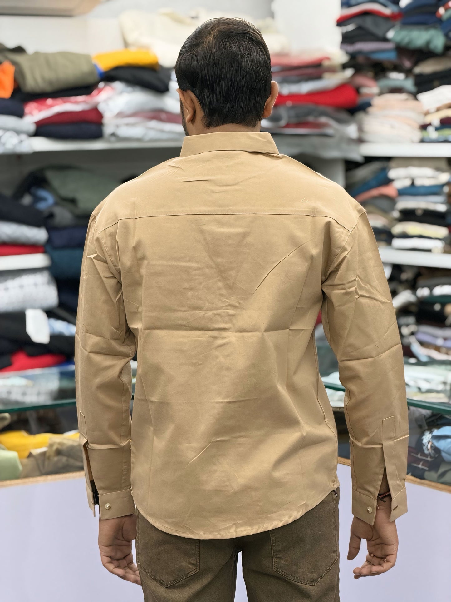 Men’s Khaki Casual Cotton Shirt with Contrast Brown Placket & Designer Pocket Panel – Premium Stylish Shirt