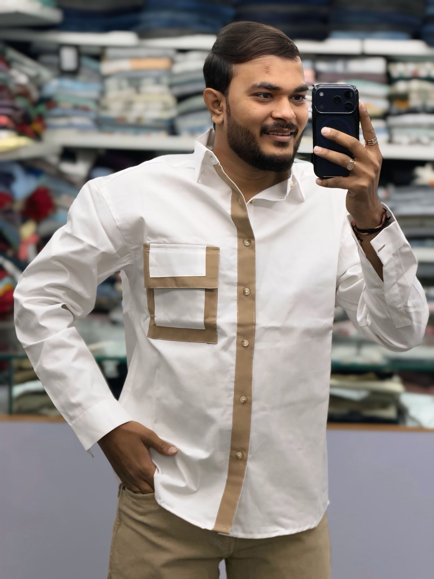 Men’s White Casual Cotton Shirt with Contrast Beige Placket & Designer Pocket – Premium Stylish Shirt