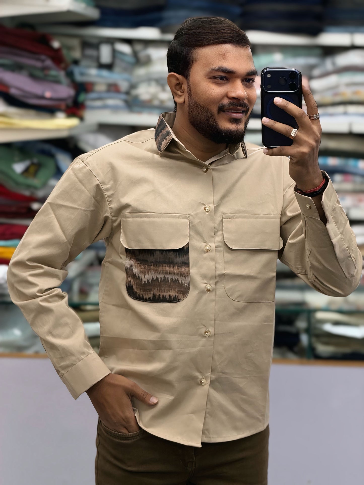 Men’s Beige Casual Cotton Shirt with Contrast Designer Pocket – Premium Smart Casual Shirt