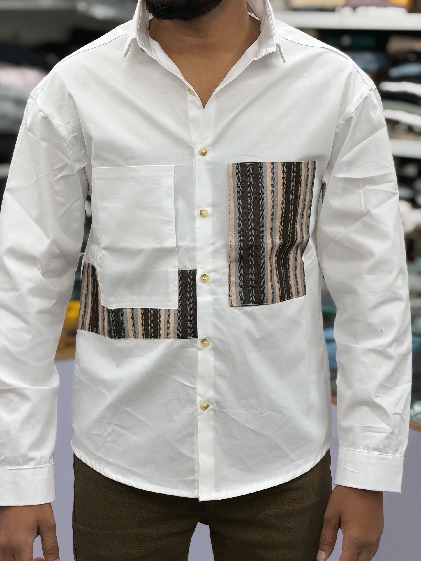 Men’s White Casual Cotton Shirt with Striped Designer Panels Shirts