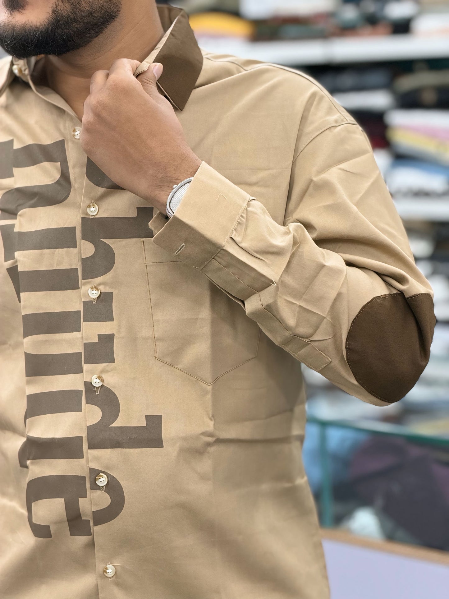 Men’s Khaki Casual Cotton Shirt with Bold Typography Print – Trendy Street Style Designer Shirt