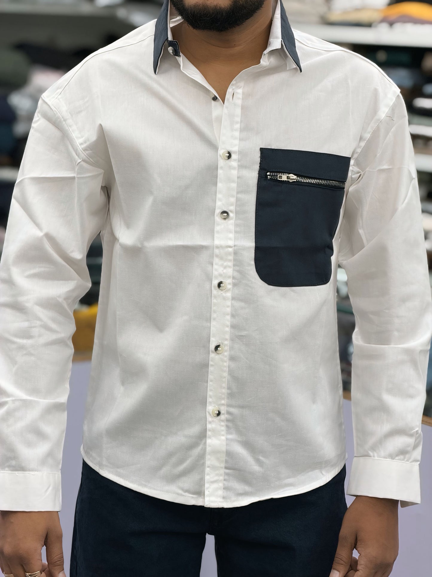 Men’s White Cotton Casual Shirt with Black Zipper Pocket – Modern Designer Shirt
