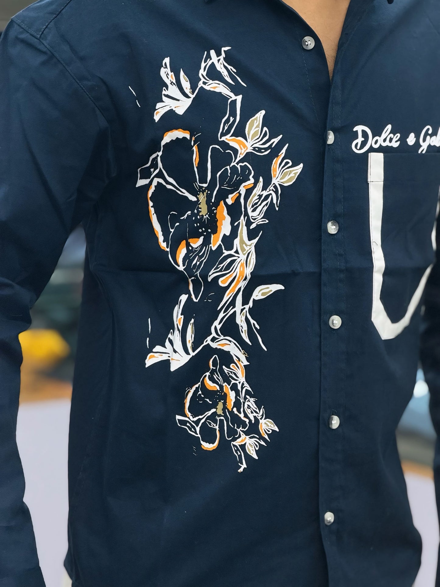 Men’s Navy Blue Graphic Print Shirt with Designer Pocket – Stylish Casual Cotton Shirt