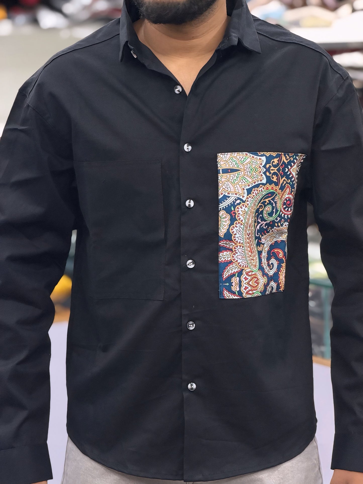 Men’s Black Cotton Shirt with Paisley Designer Pocket – Stylish Casual Fashion Shirt