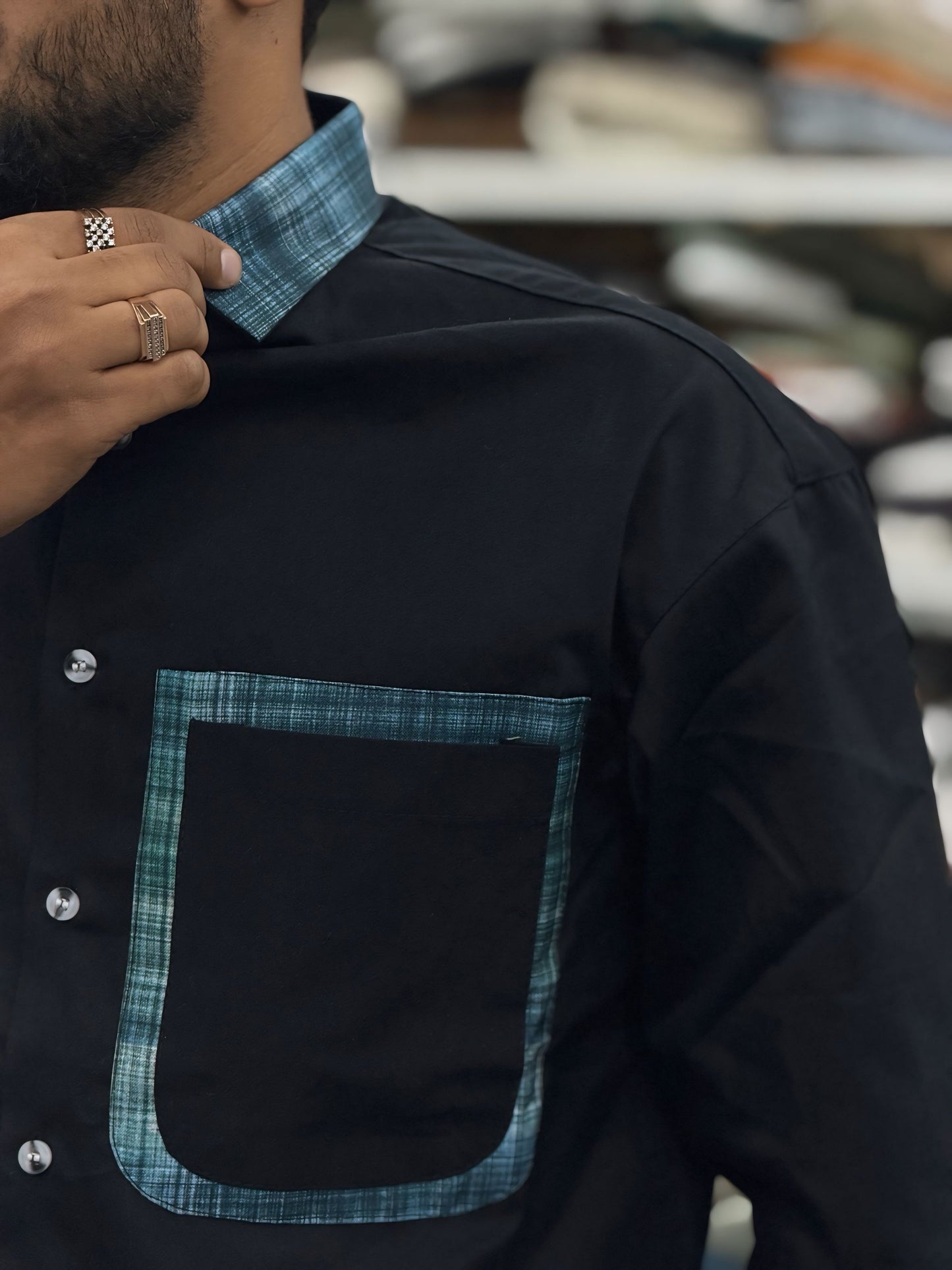 Men’s Black Cotton Shirt with Contrast Plaid Pocket – Stylish Casual Designer Shirt