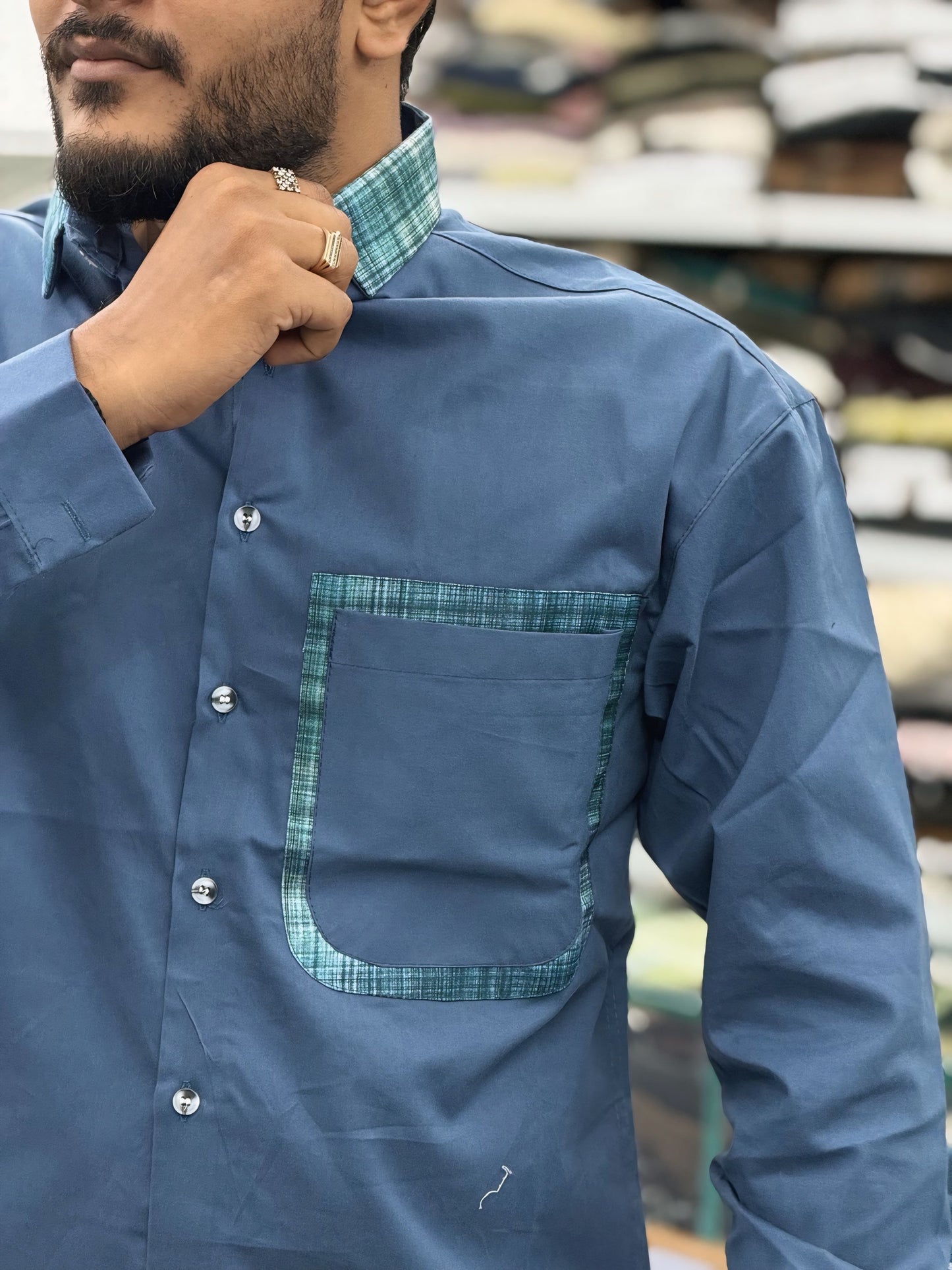 Men’s Steel Blue Cotton Shirt with Contrast Designer Pocket
