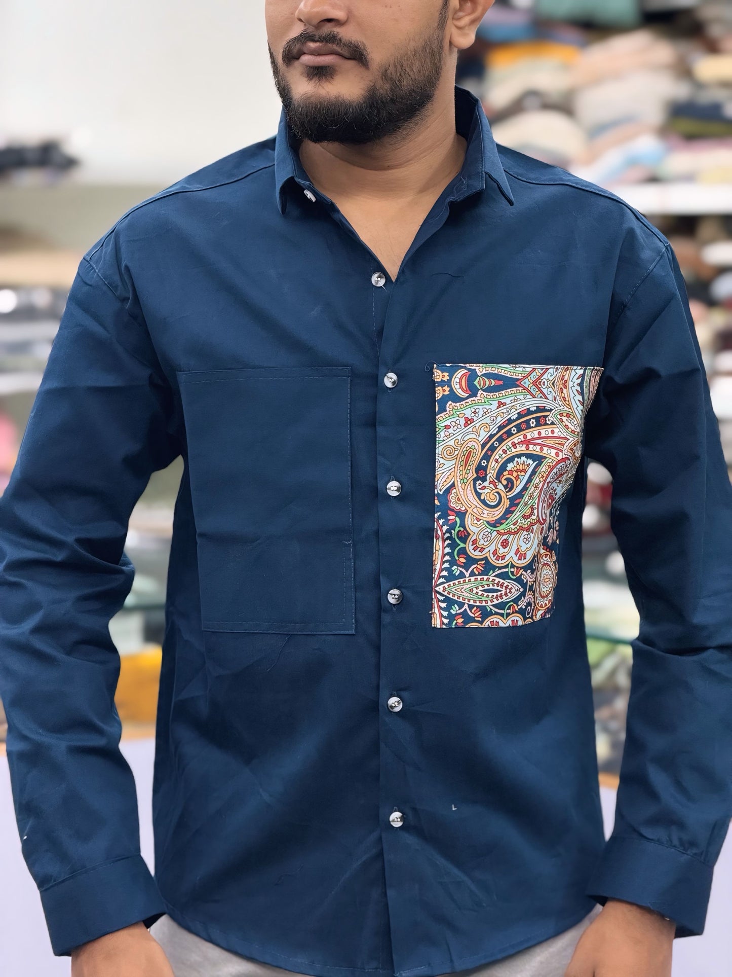 Men’s Navy Blue Cotton Shirt with Paisley Print Pocket