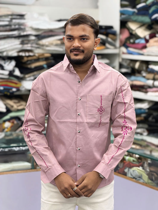 Men’s Dusty Pink Cotton Shirt with Embroidery Sleeve & Pocket Design – Premium Stylish Casual Shirt for Men