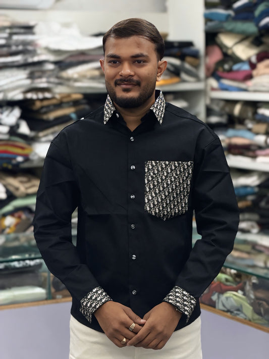 Men’s Black Designer Shirt with Pattern Pocket & Contrast Collar/Cuff – Premium Stylish Casual Shirt for Men