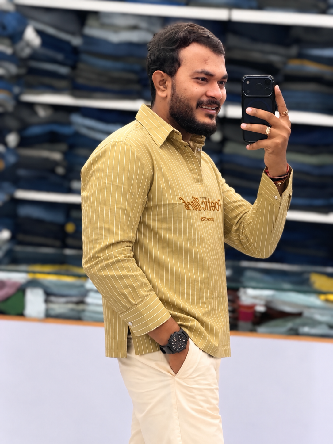 Men's Mustard Yellow Striped Kurta Shirt – Stylish Full Sleeve Ethnic Casual Wear