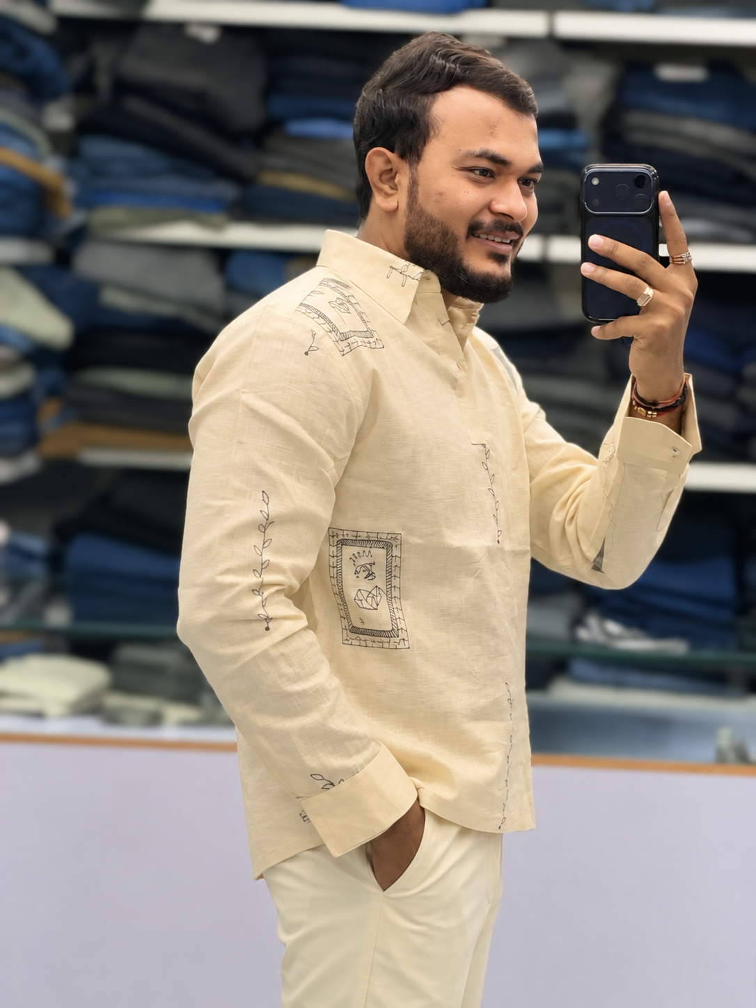 Men’s Ivory Cream Printed Kurta Shirt | Contemporary Ethnic Wear with Artistic Detailing