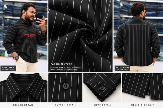 Men's Black Striped Kurta Shirt – Stylish Full Sleeve Ethnic Casual Wear