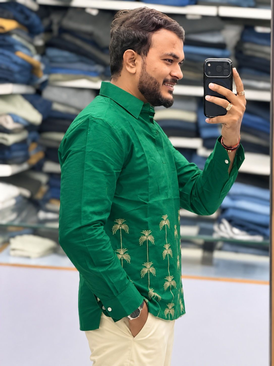 Men’s Emerald Green Palm Embroidered Kurta Shirt | Premium Festive Ethnic Wear