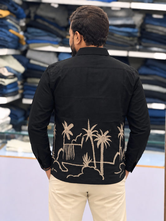 Men’s Midnight Black Tropical Palm Embroidered Kurta | Bold Contemporary Ethnic Wear