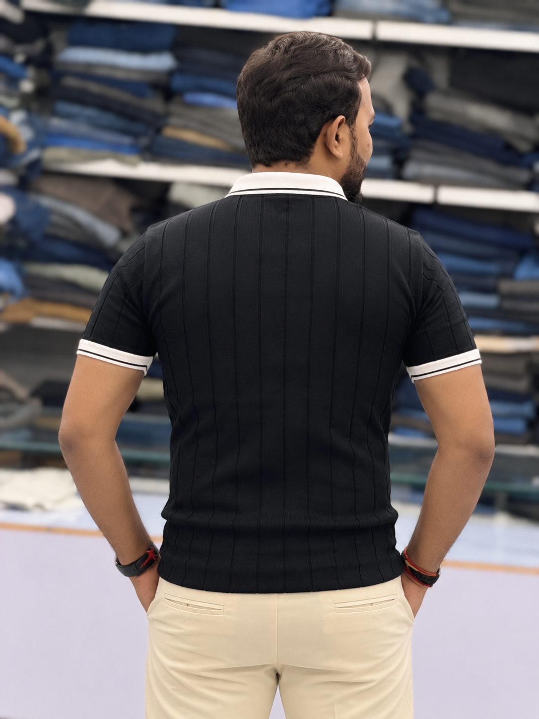 Men's Premium Black Ribbed Polo T-Shirt with White Contrast Collar and Sleeve Details