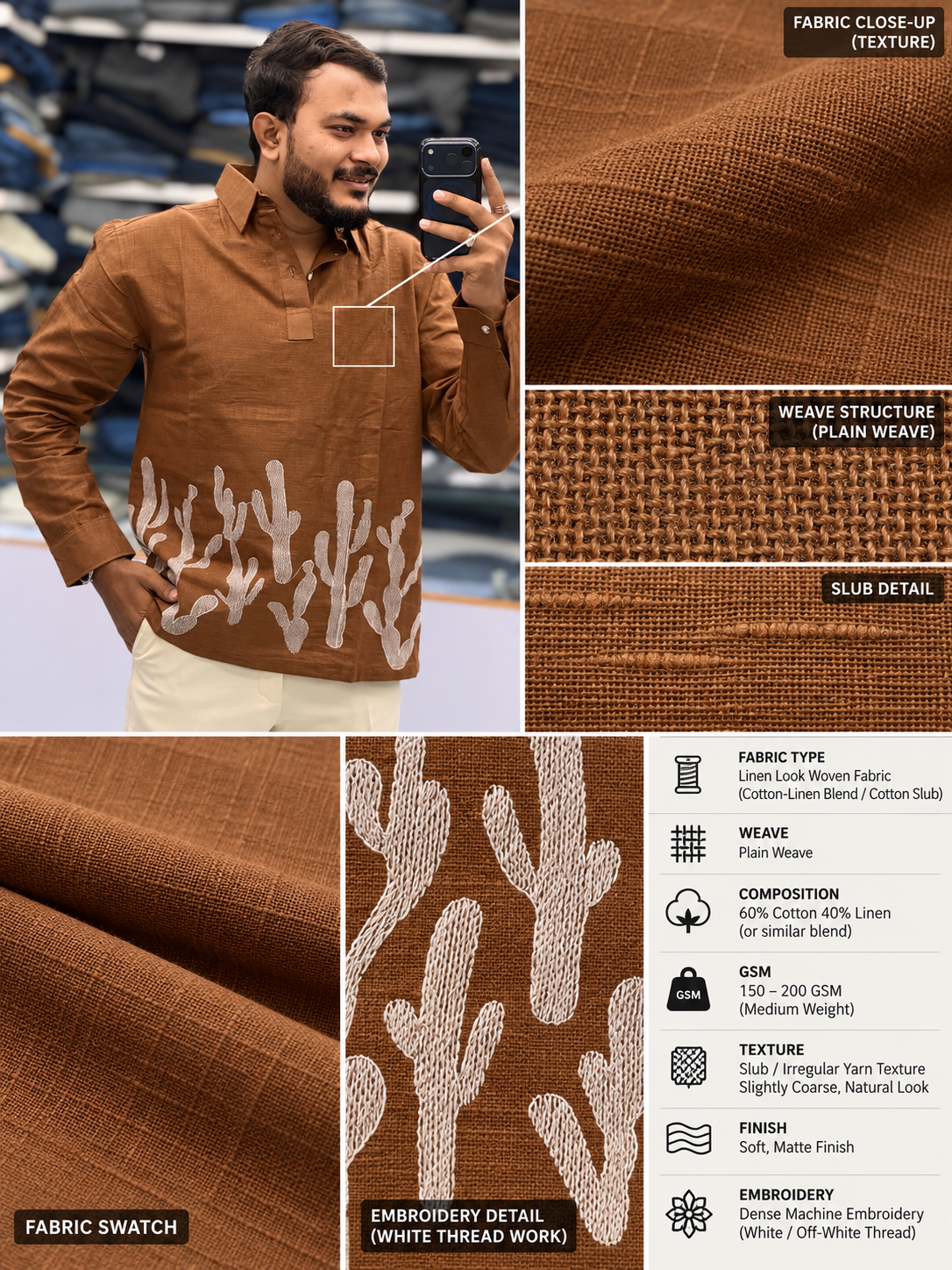 Men’s Mocha Brown Cactus Embroidered Kurta Shirt | Contemporary Statement Ethnic Wear