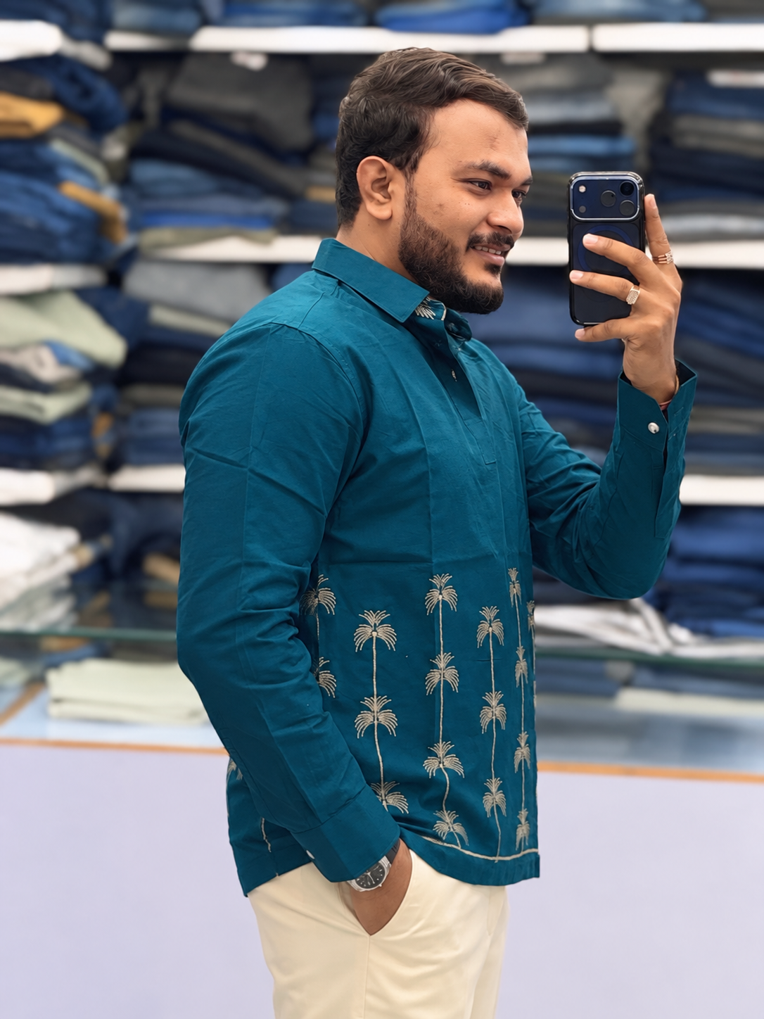 Men’s Teal Blue Palm Embroidered Kurta Shirt | Modern Resort-Inspired Ethnic Wear