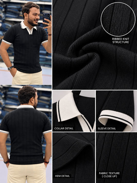 Men's Premium Black Ribbed Polo T-Shirt with White Contrast Collar and Sleeve Details