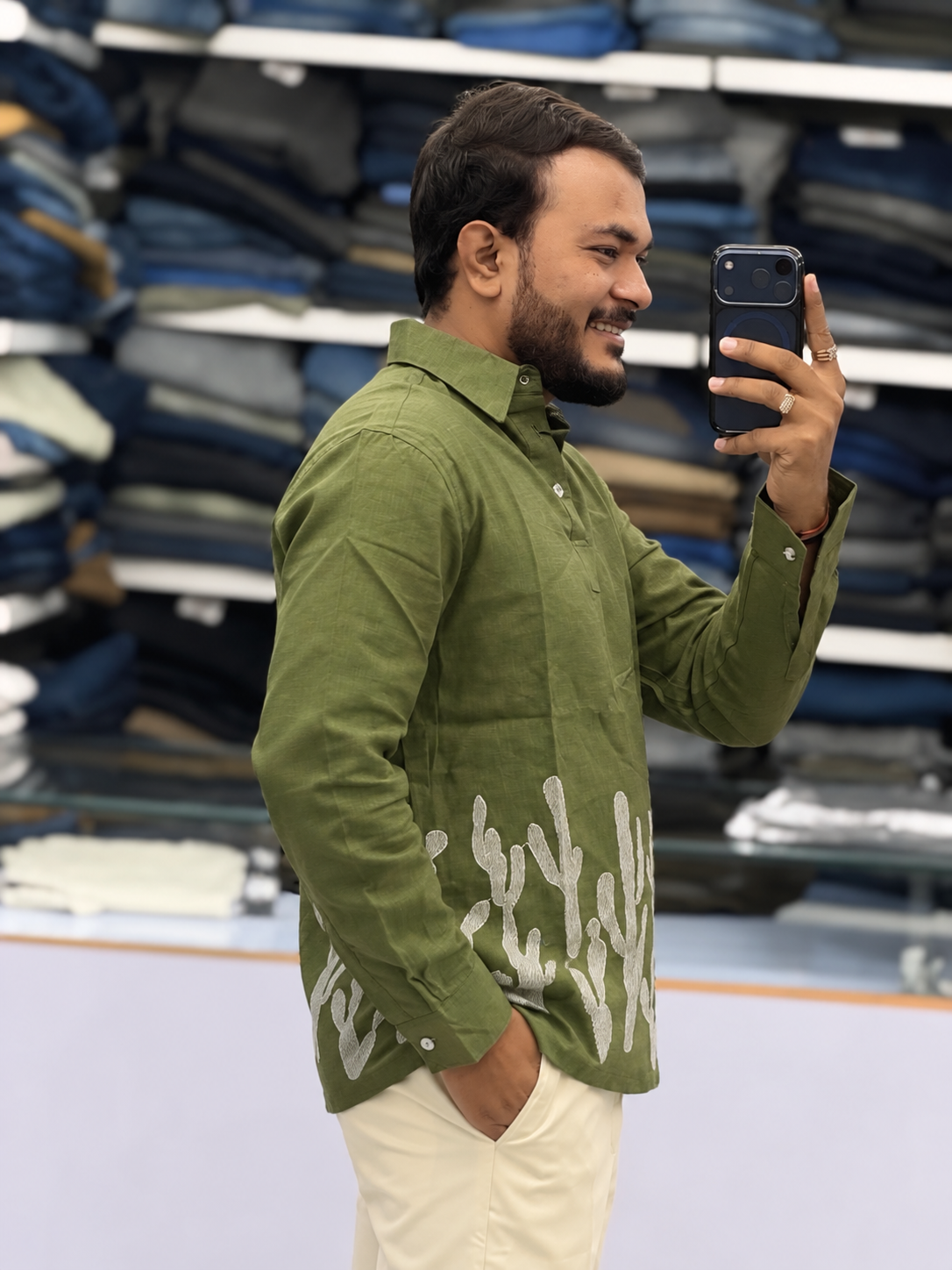 Men’s Olive Green Cactus Embroidered Slub Kurta Shirt | Textured Festive Ethnic Wear