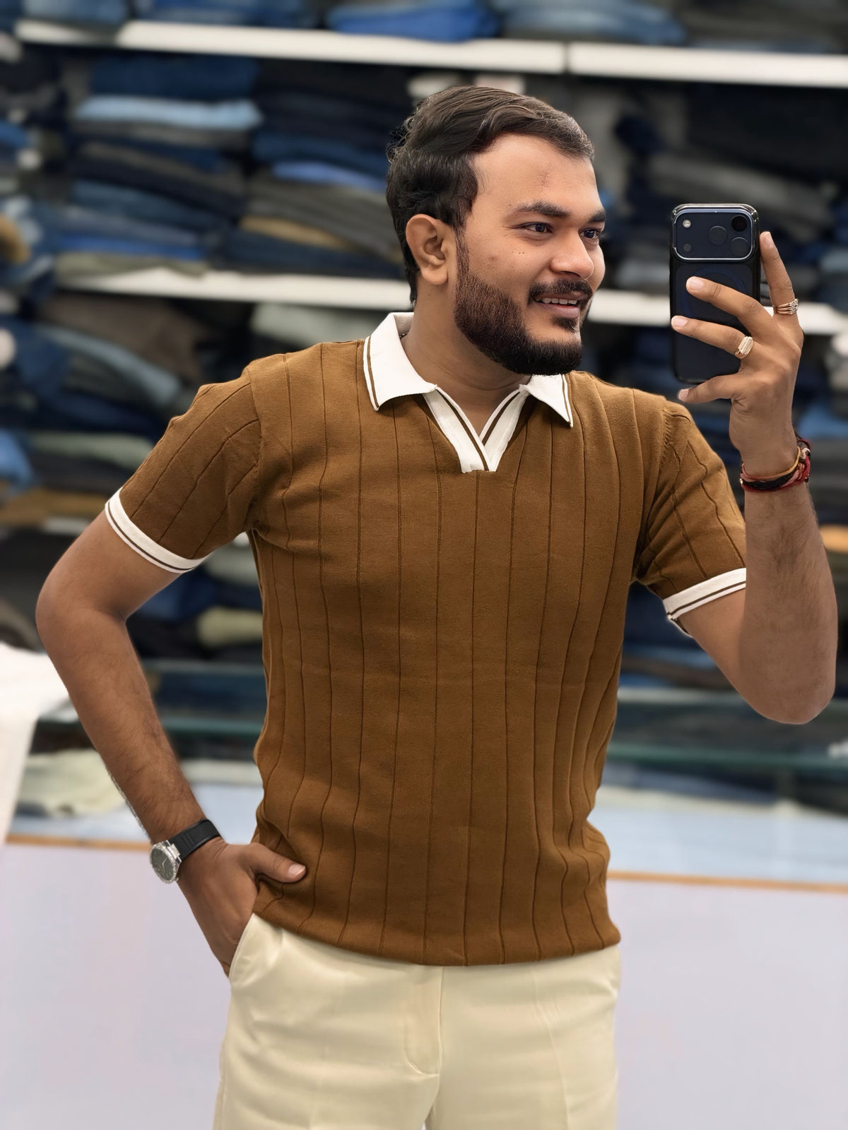 Men's Premium Brown Ribbed Polo T-Shirt with White Contrast Collar and Sleeve Details