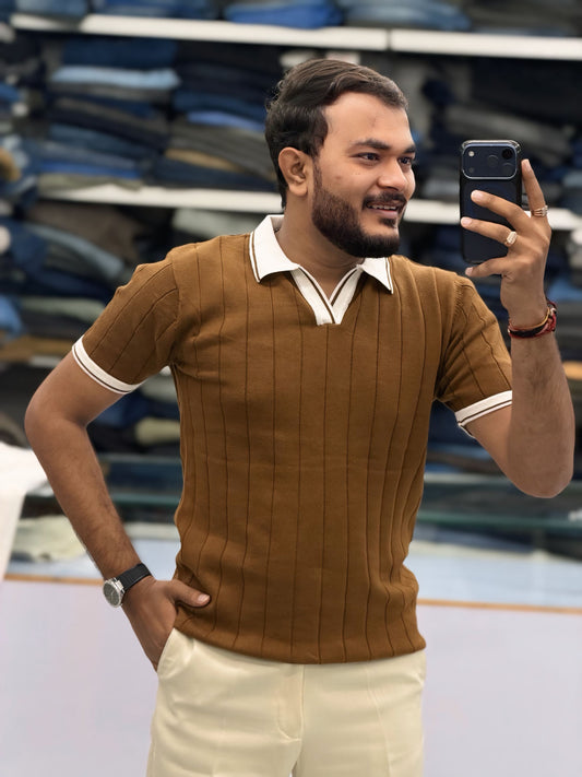 Men's Premium Brown Ribbed Polo T-Shirt with White Contrast Collar and Sleeve Details