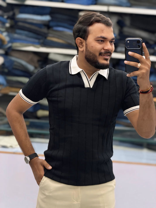Men's Premium Black Ribbed Polo T-Shirt with White Contrast Collar and Sleeve Details