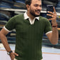 Men's Premium Olive Green Ribbed Polo T-Shirt with White Contrast Collar and Sleeve Details