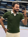Men's Premium Olive Green Ribbed Polo T-Shirt with White Contrast Collar and Sleeve Details