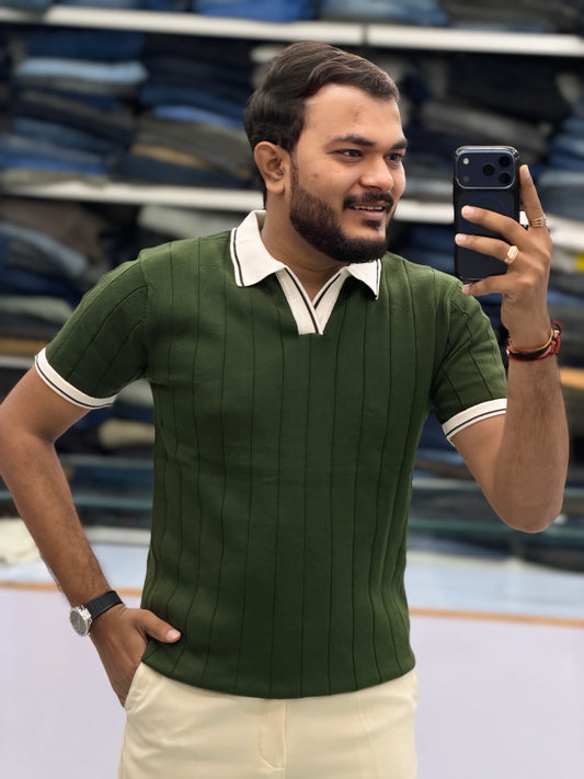 Men's Premium Olive Green Ribbed Polo T-Shirt with White Contrast Collar and Sleeve Details