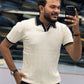 Men's Premium Cream Textured Polo T-Shirt with Black Collar and Striped Details