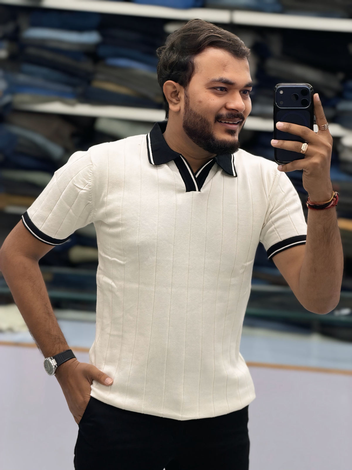 Men's Premium Cream Textured Polo T-Shirt with Black Collar and Striped Details