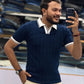 Men's Premium Navy Blue Ribbed Polo T-Shirt with White Contrast Collar and Sleeve Details