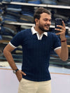 Men's Premium Navy Blue Ribbed Polo T-Shirt with White Contrast Collar and Sleeve Details