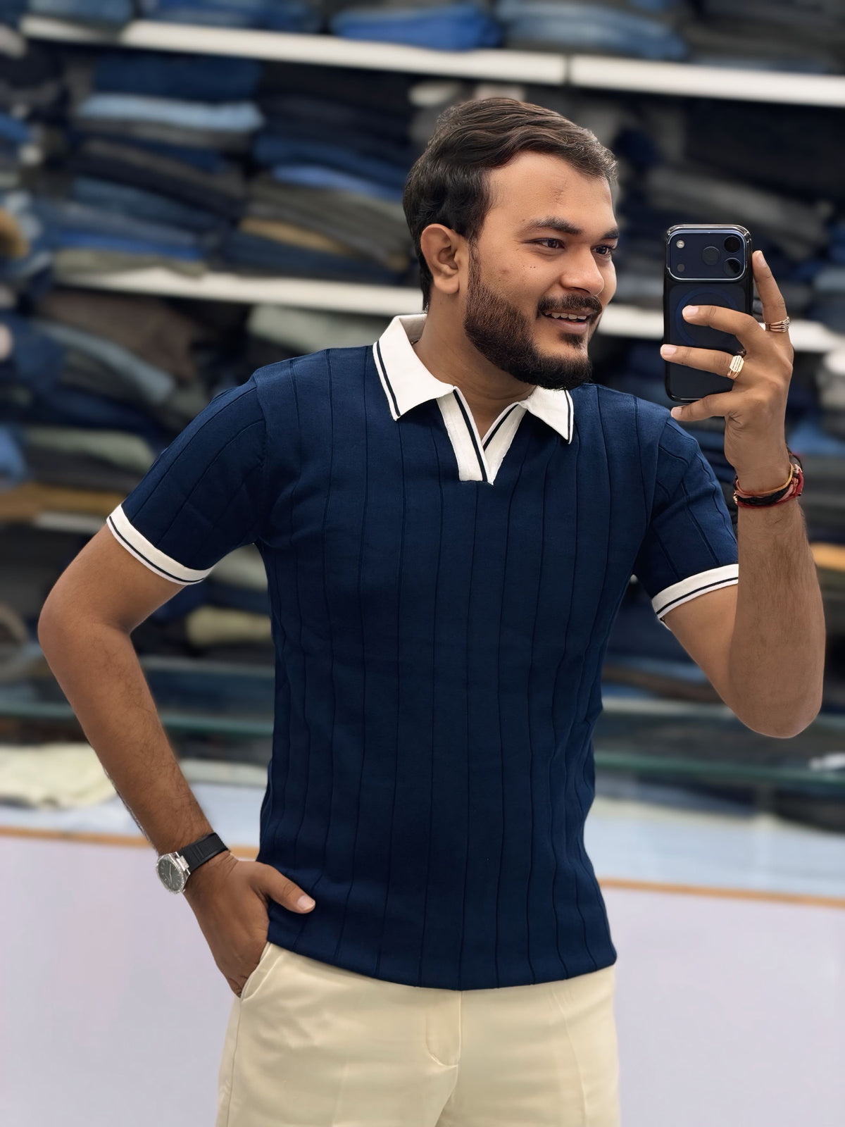 Men's Premium Navy Blue Ribbed Polo T-Shirt with White Contrast Collar and Sleeve Details