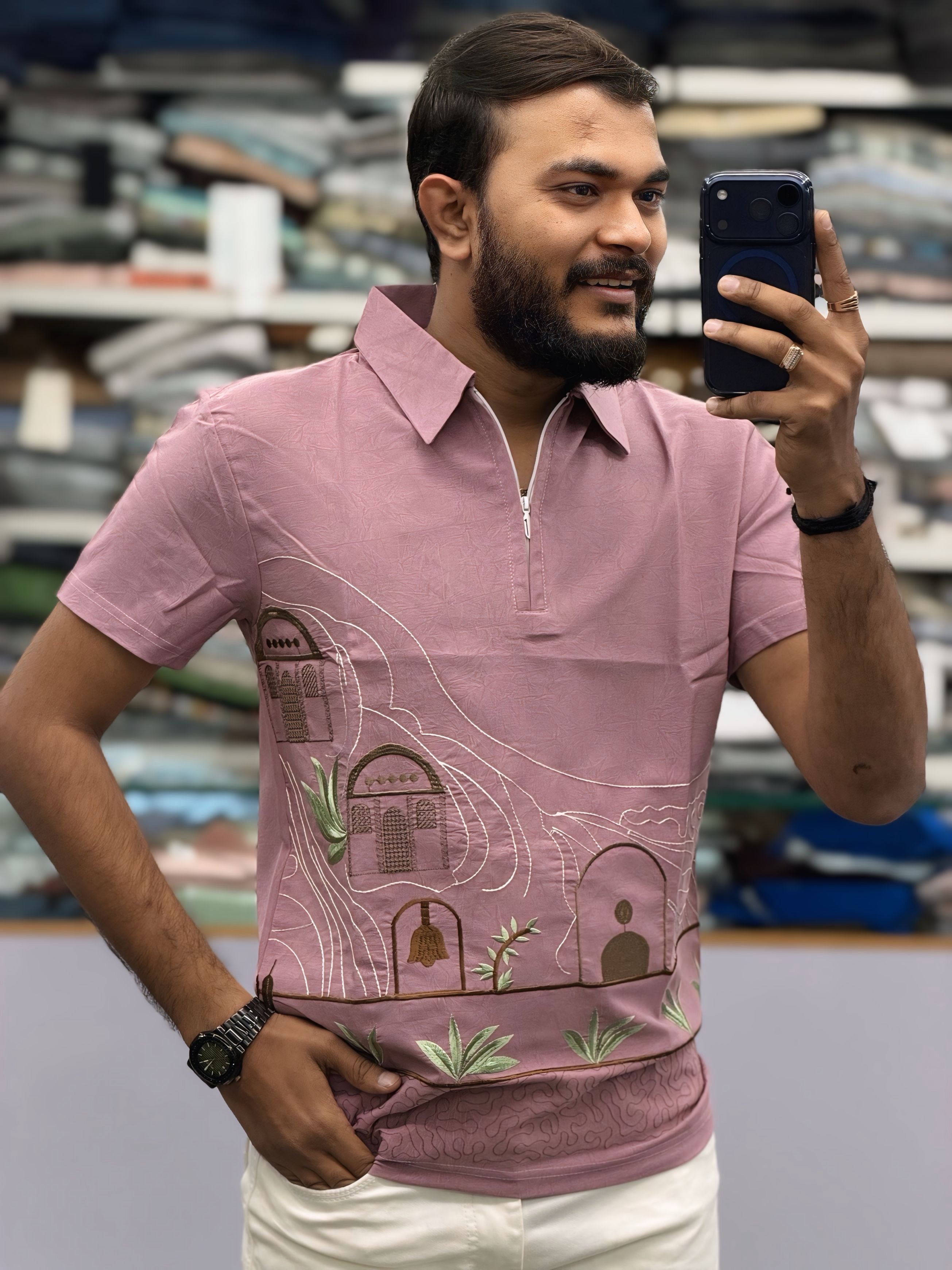 DESIGNER SCENIC EMBROIDERED HALF-ZIPPER TEE