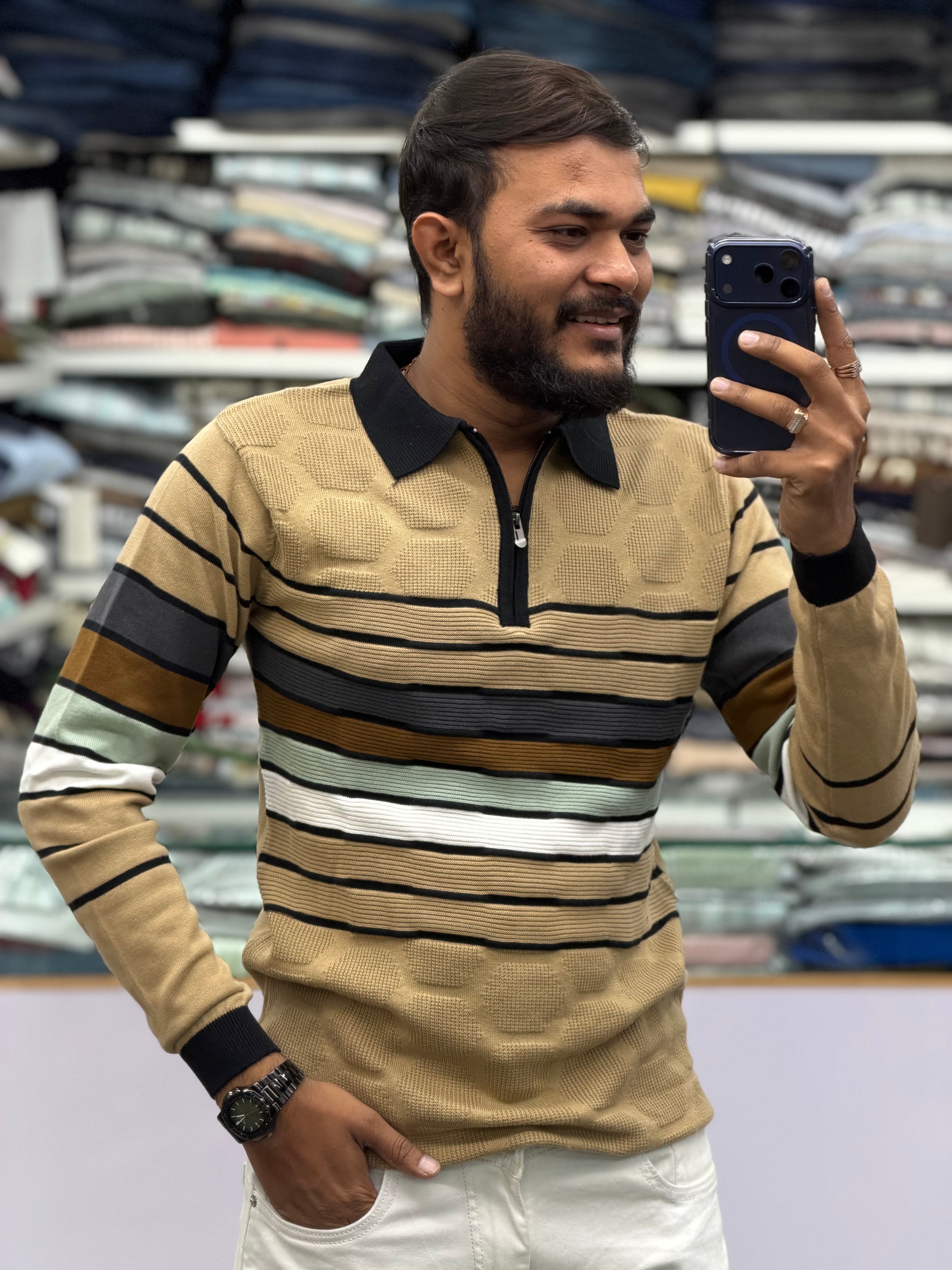 Premium Multi-Color Textured Striped Half-Zip Winter Sweater
