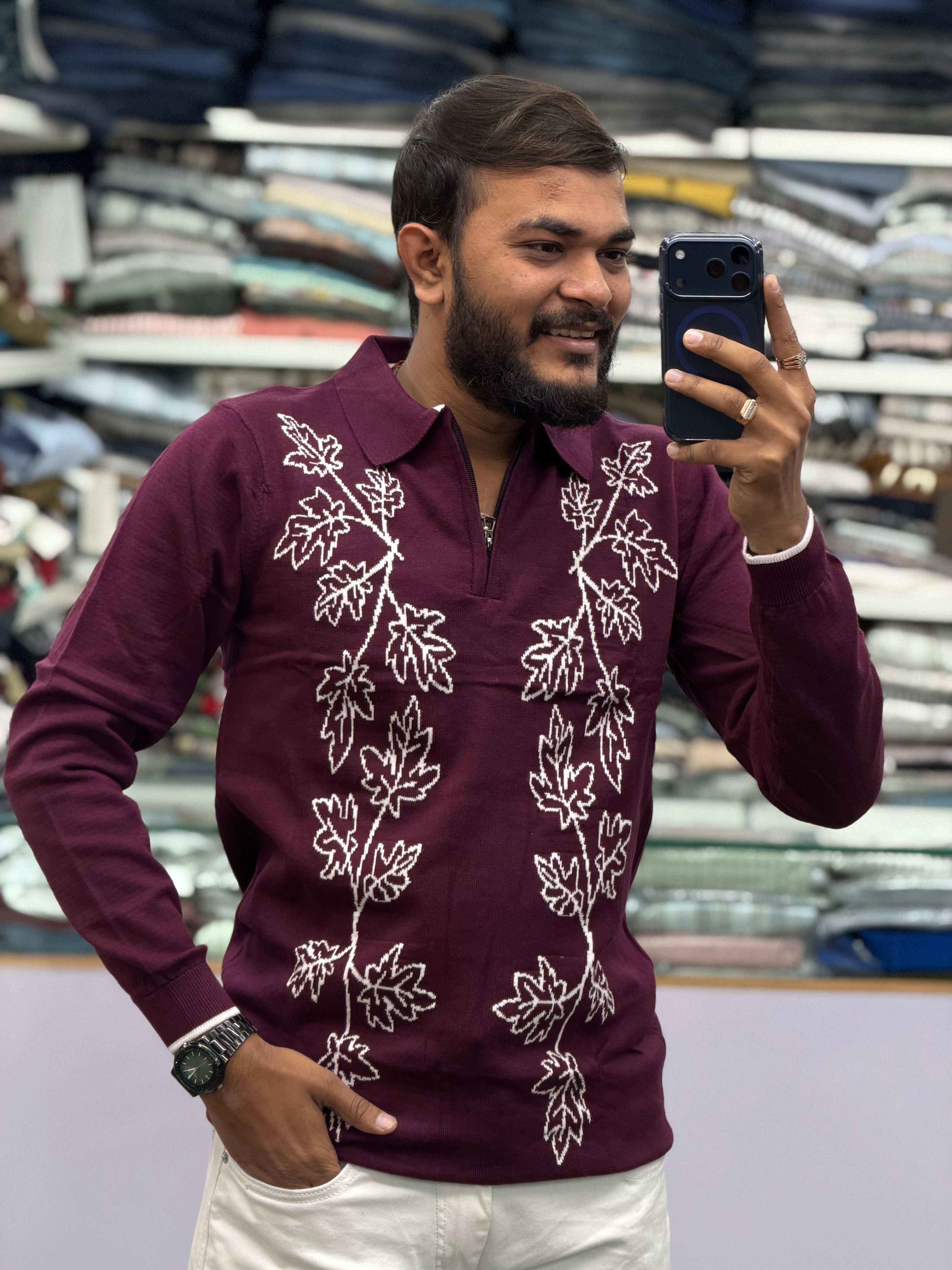 Premium Maroon Leaf Embroidery Winter Sweater