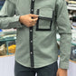 Men’s Olive Green Casual Cotton Shirt with Contrast Black Placket & Designer Pocket Panel