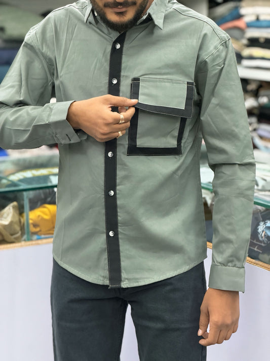 Men’s Olive Green Casual Cotton Shirt with Contrast Black Placket & Designer Pocket Panel