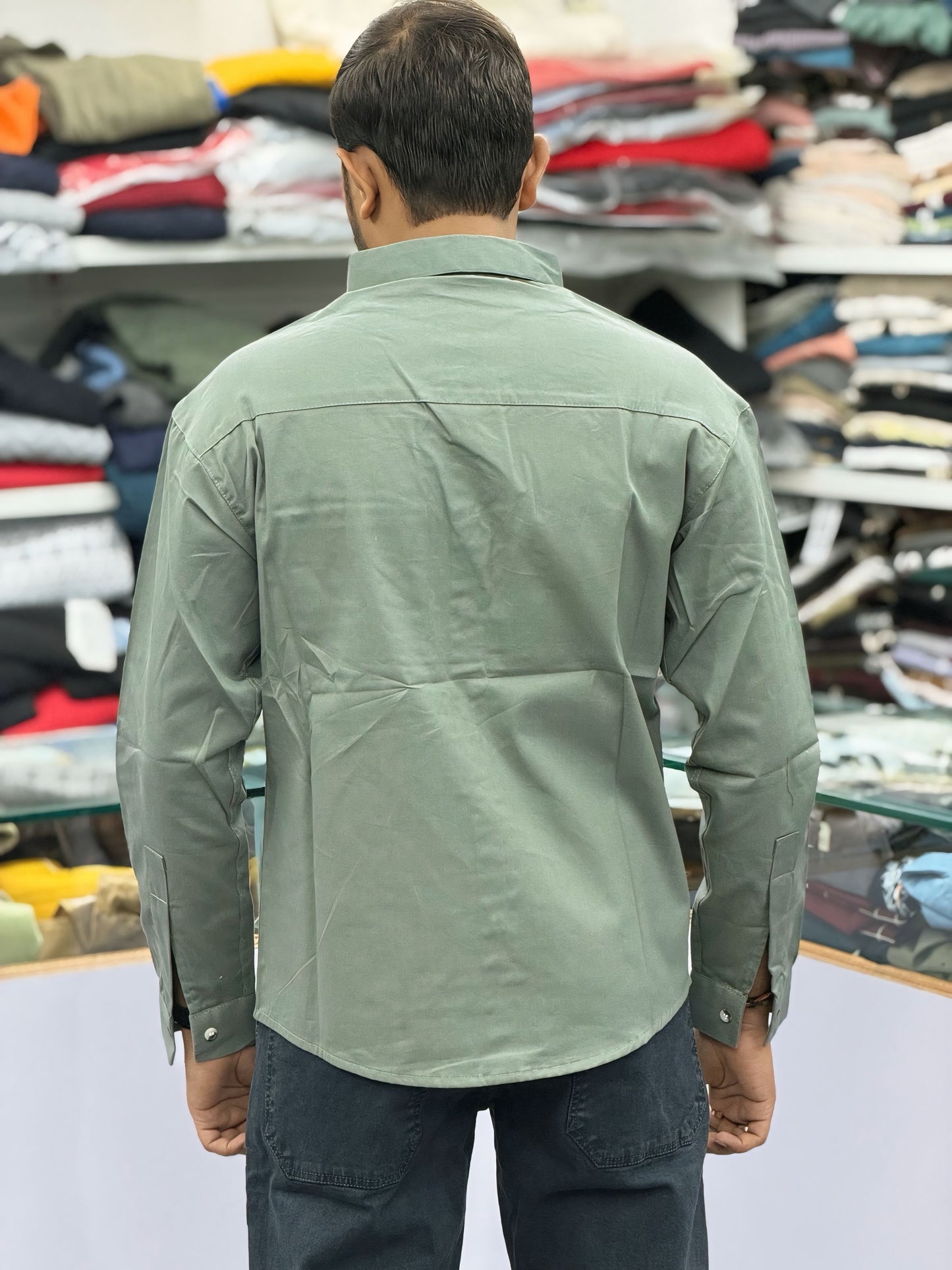 Men’s Olive Green Casual Cotton Shirt with Contrast Black Placket & Designer Pocket Panel