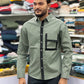 Men’s Olive Green Casual Cotton Shirt with Contrast Black Placket & Designer Pocket Panel