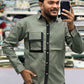Men’s Olive Green Casual Cotton Shirt with Contrast Black Placket & Designer Pocket Panel