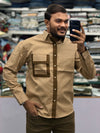 Men’s Khaki Casual Cotton Shirt with Contrast Brown Placket & Designer Pocket Panel – Premium Stylish Shirt