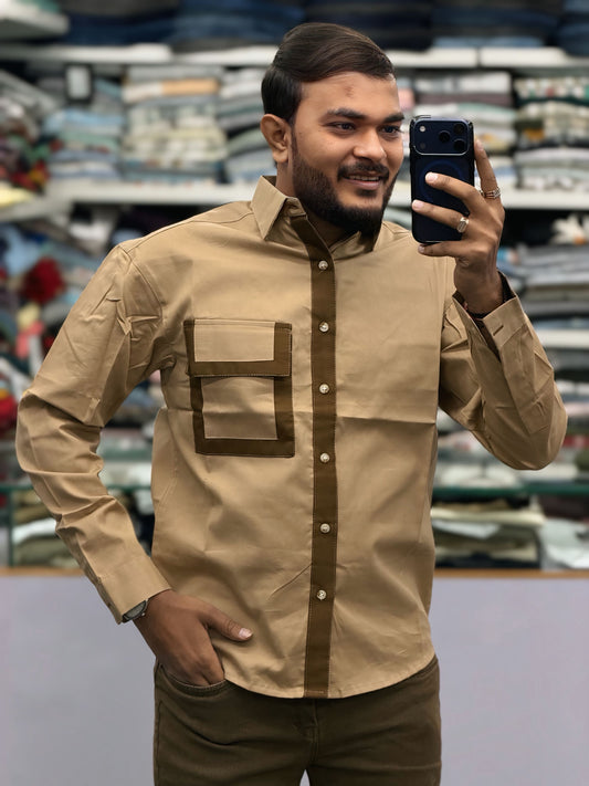 Men’s Khaki Casual Cotton Shirt with Contrast Brown Placket & Designer Pocket Panel – Premium Stylish Shirt