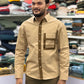 Men’s Khaki Casual Cotton Shirt with Contrast Brown Placket & Designer Pocket Panel – Premium Stylish Shirt
