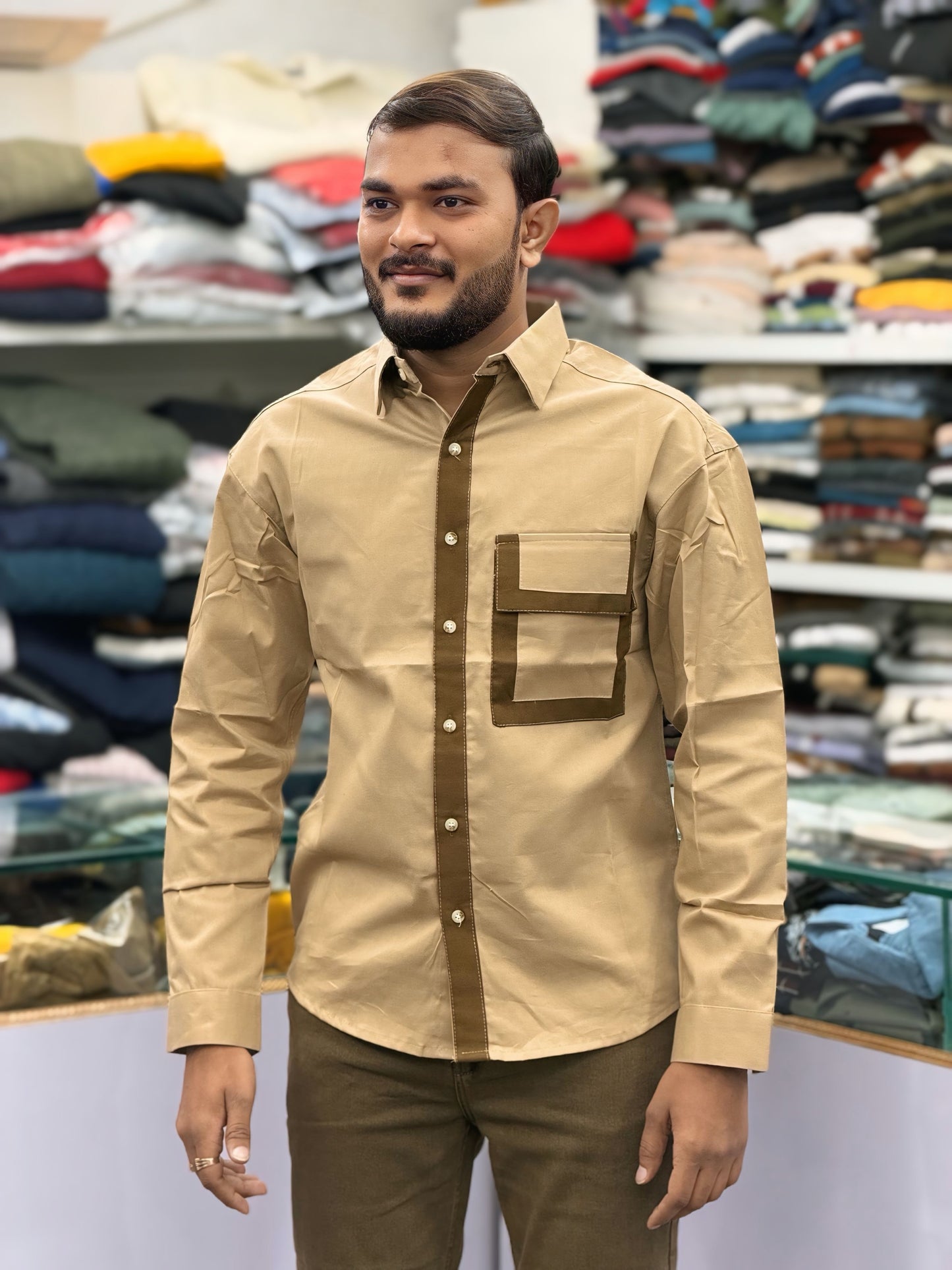 Men’s Khaki Casual Cotton Shirt with Contrast Brown Placket & Designer Pocket Panel – Premium Stylish Shirt