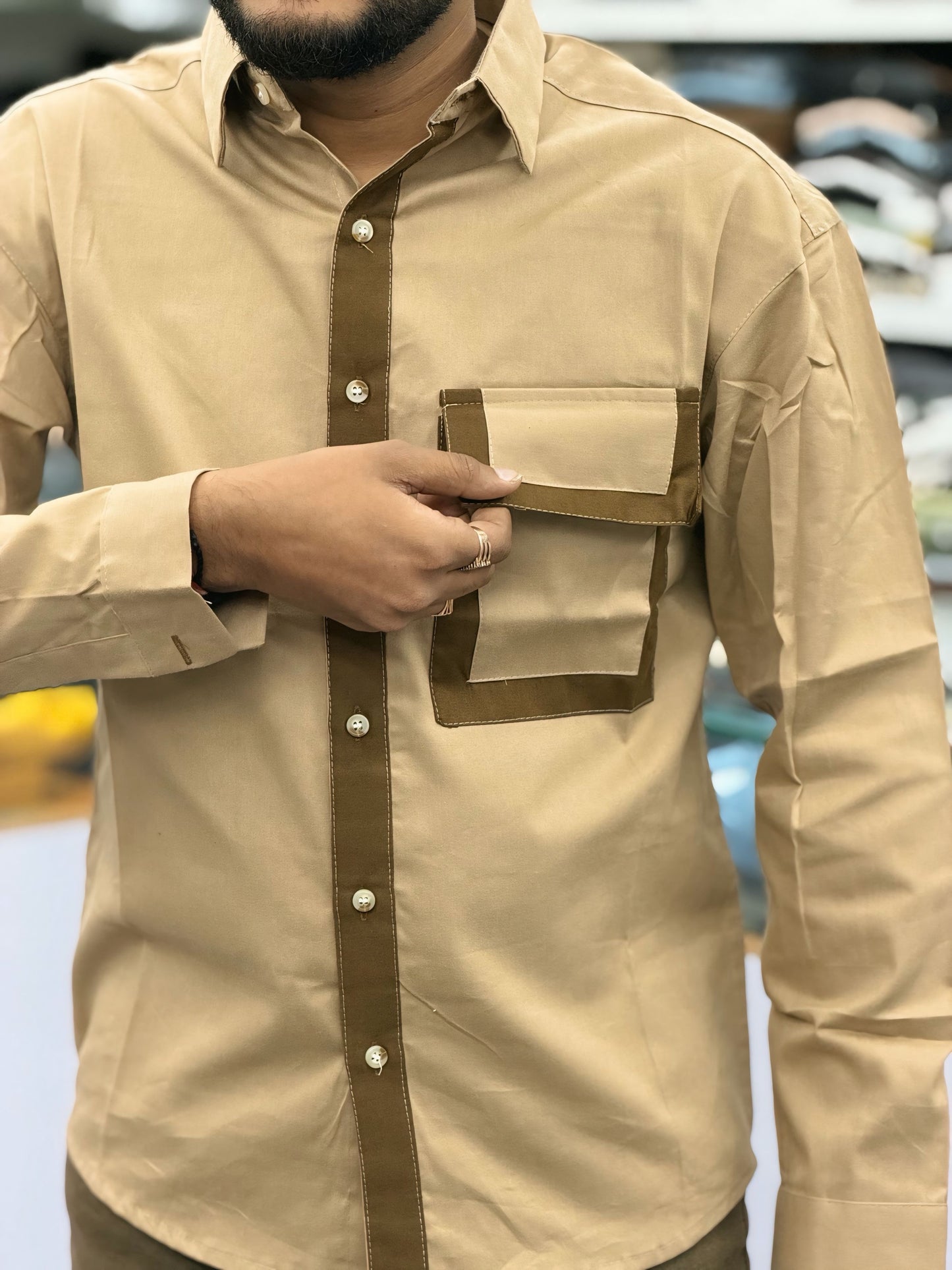 Men’s Khaki Casual Cotton Shirt with Contrast Brown Placket & Designer Pocket Panel – Premium Stylish Shirt
