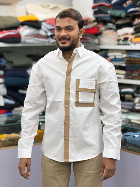 Men’s White Casual Cotton Shirt with Contrast Beige Placket & Designer Pocket – Premium Stylish Shirt