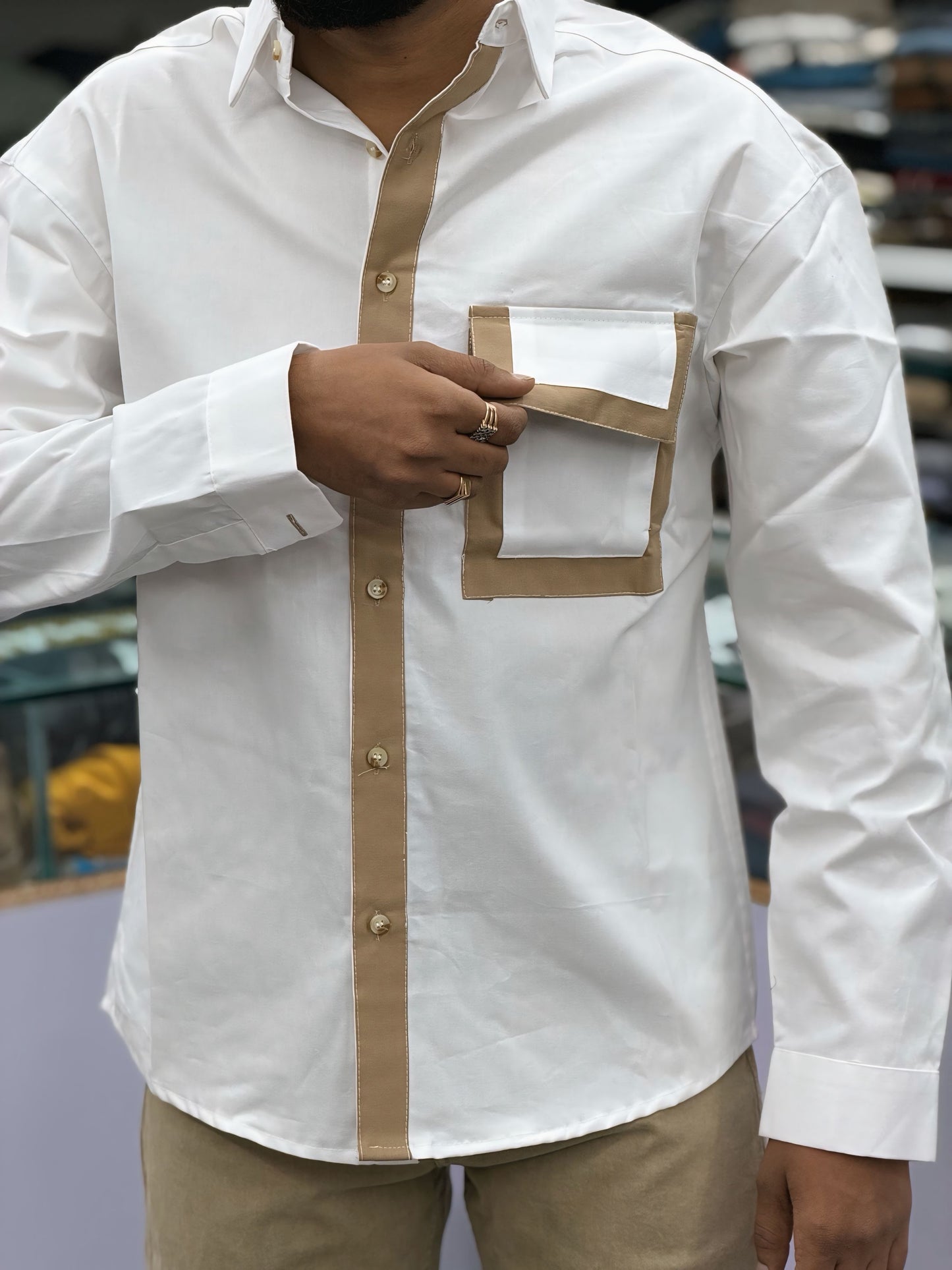 Men’s White Casual Cotton Shirt with Contrast Beige Placket & Designer Pocket – Premium Stylish Shirt